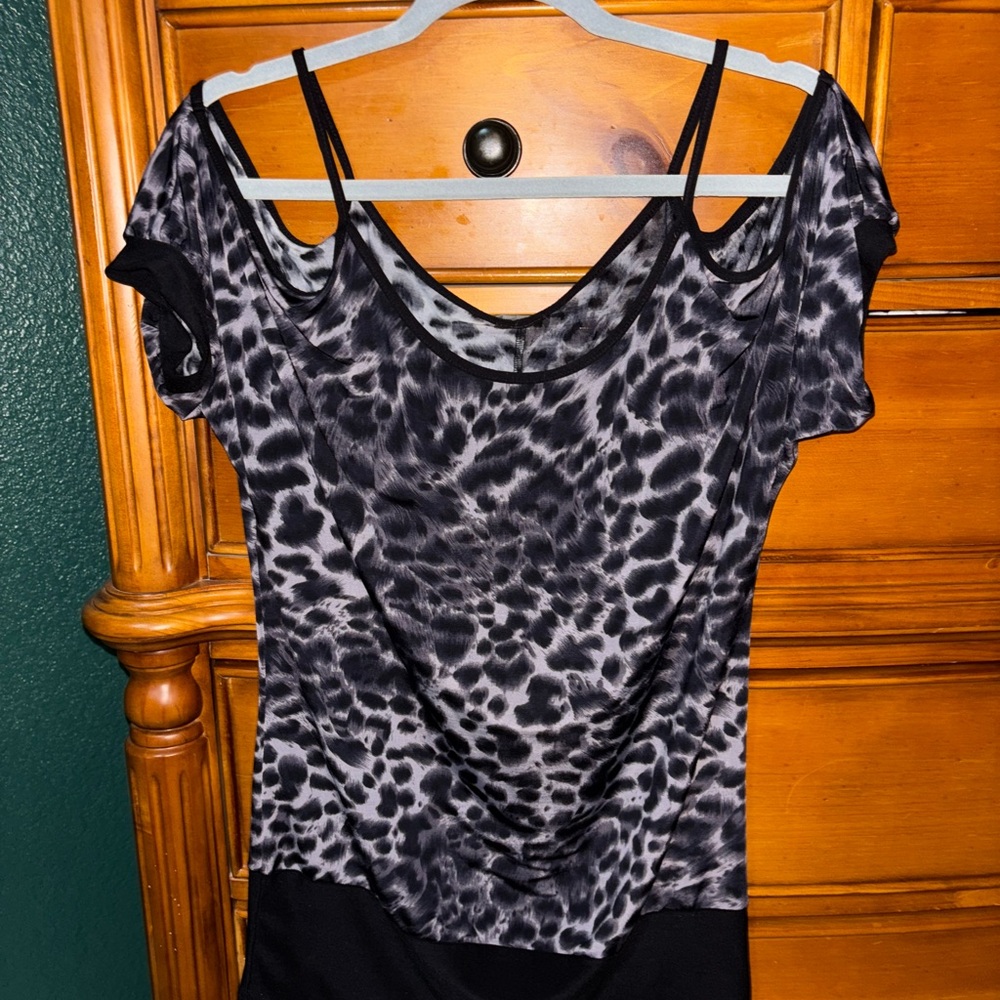 Black and Gray Asymmetrical Fitted Bodysuit Blouse